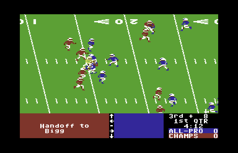 4th & Inches Commodore 64 Screenshot: Handoff to Bigg...