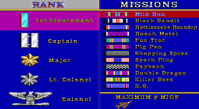 Falcon A.T. IBM PC/Compatibles Screenshot: First select a rank and mission.