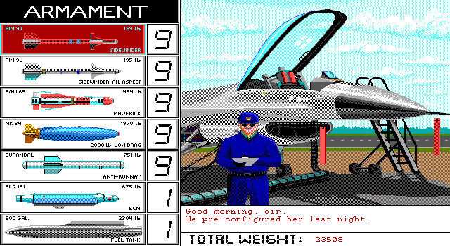 Falcon A.T. IBM PC/Compatibles Screenshot: Here's my plane configuration.