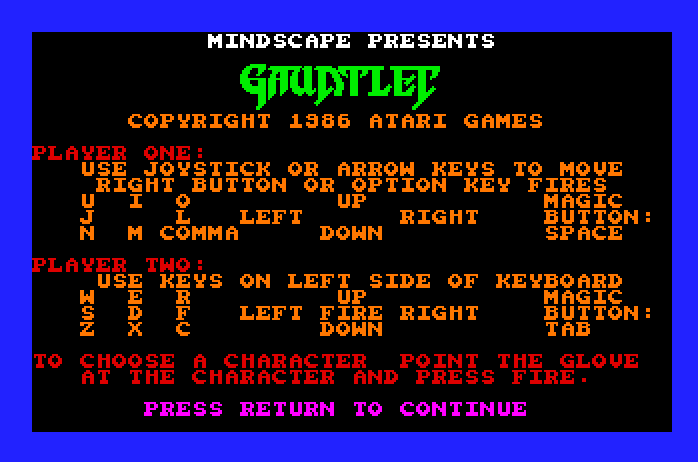 Gauntlet Apple IIgs Screenshot: Game instructions.
