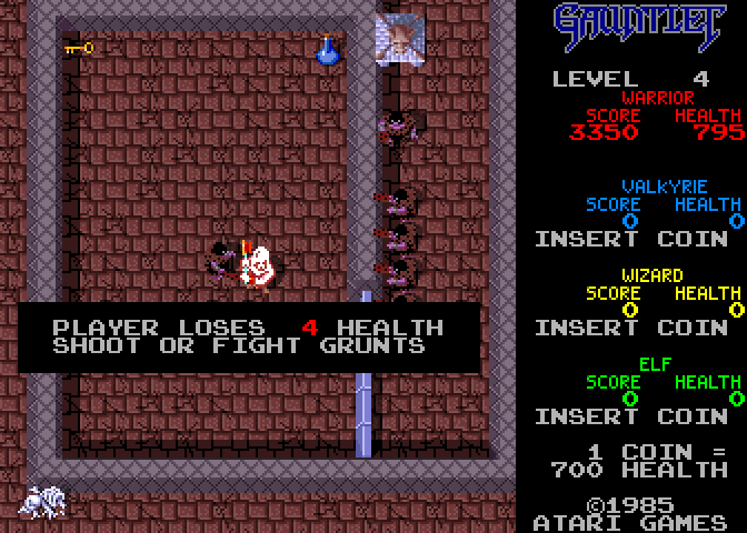 Gauntlet Arcade Screenshot: Level 4 start; shoot or fight grunts!
