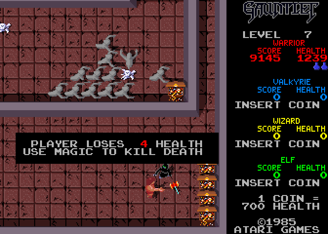 Gauntlet Arcade Screenshot: Death drains health quickly.