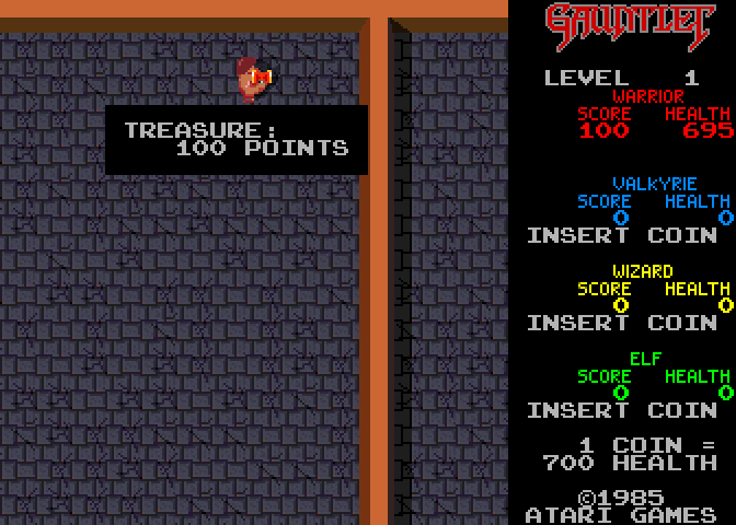 Gauntlet Arcade Screenshot: Game start; treasure 100 points!