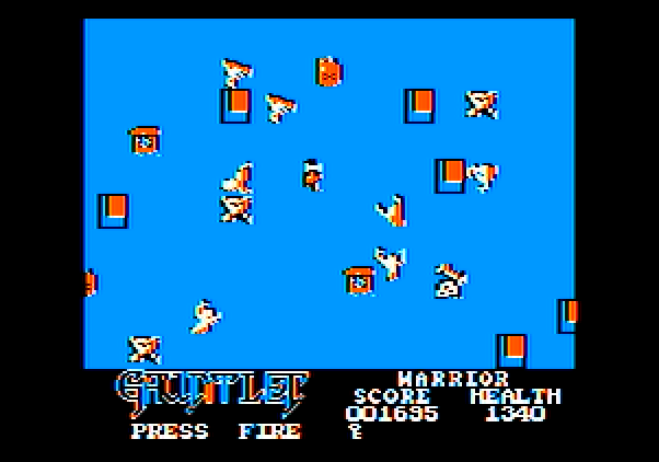 Gauntlet Apple II Screenshot: The walls are sparse in this maze, but there are numerous opponents...