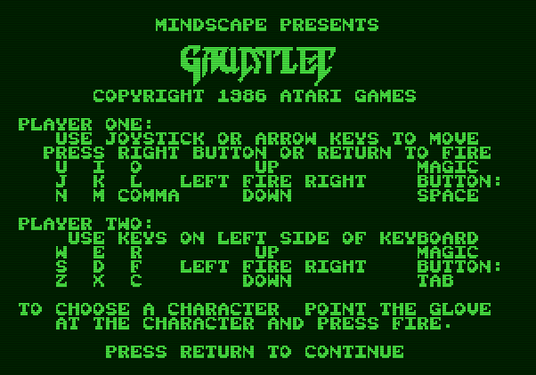 Gauntlet Apple II Screenshot: Game instructions.