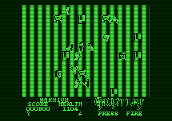 Gauntlet Apple II Screenshot: Level 3 doesn't have a lot of walls, but has numerous opponents!