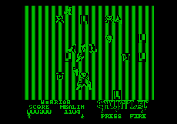 Gauntlet Apple II Screenshot: Level 3 doesn't have a lot of walls, but has numerous opponents!