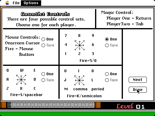 Gauntlet Macintosh Screenshot: Control options.