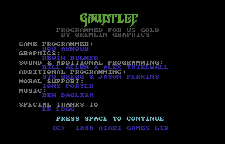 Gauntlet Commodore 64 Screenshot: Credits screen.