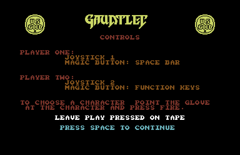 Gauntlet Commodore 64 Screenshot: Control information screen.