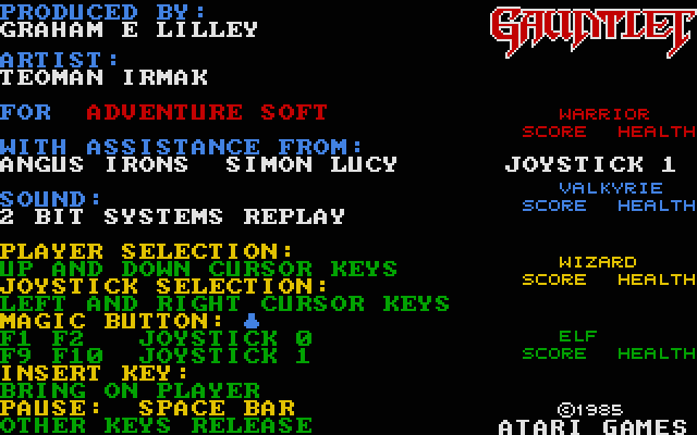 Gauntlet Atari ST Screenshot: The main menu.