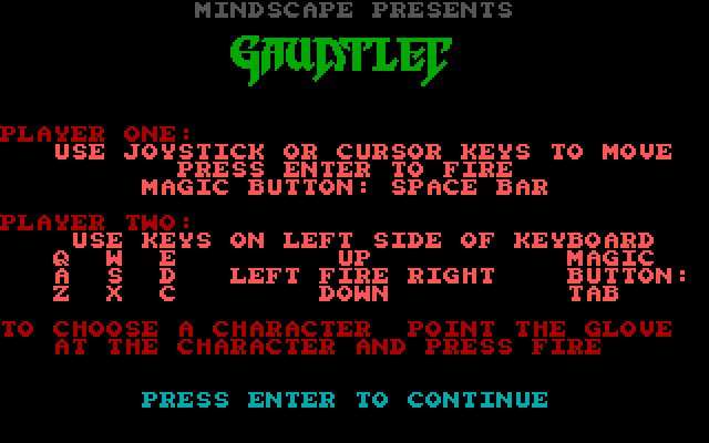 Gauntlet IBM PC/Compatibles Screenshot: Game instructions.