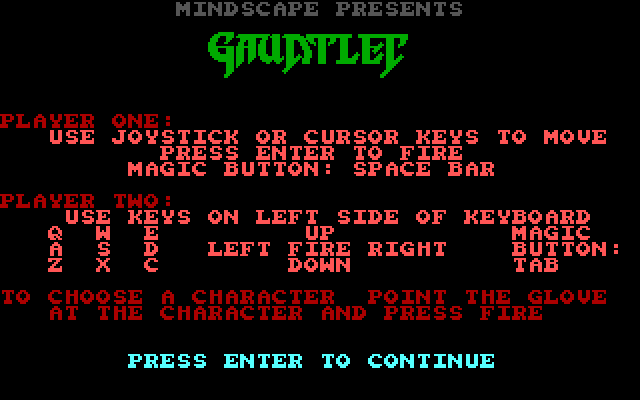 Gauntlet IBM PC/Compatibles Screenshot: Game instructions.
