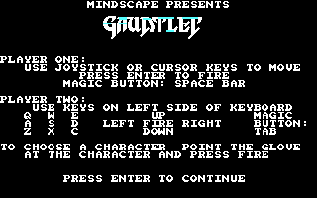 Gauntlet IBM PC/Compatibles Screenshot: Game instructions.