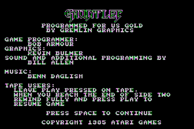 Gauntlet Atari 8-bit Screenshot: Credits screen.
