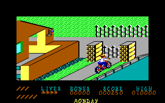 Paperboy IBM PC/Compatibles Screenshot: Careful, don't crash into gates!