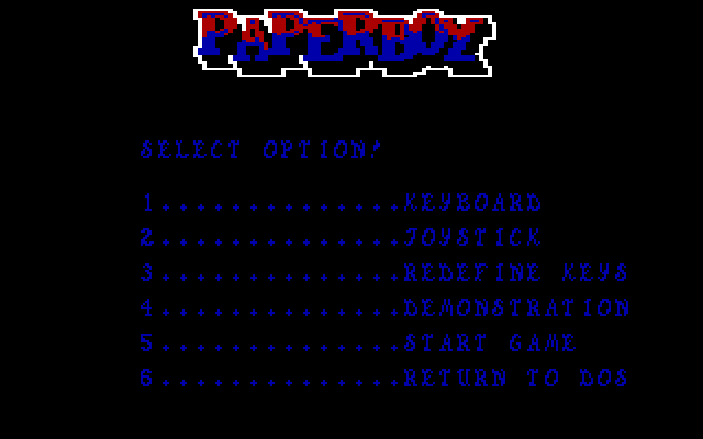 Paperboy IBM PC/Compatibles Screenshot: Game options.