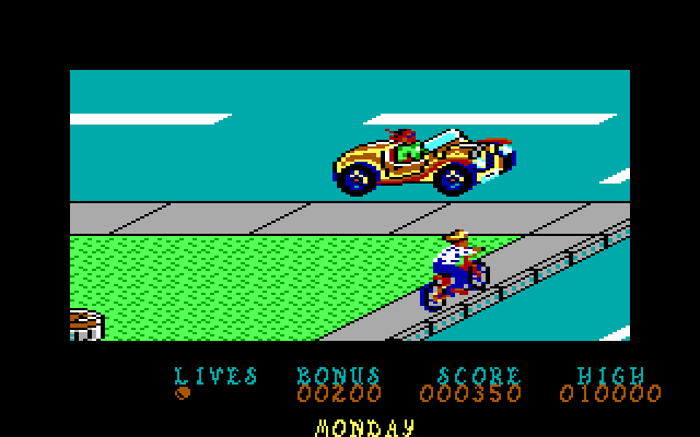 Paperboy IBM PC/Compatibles Screenshot: Don't get run over crossing the road...