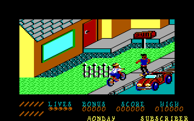Paperboy IBM PC/Compatibles Screenshot: Attempt to deliver newspapers...