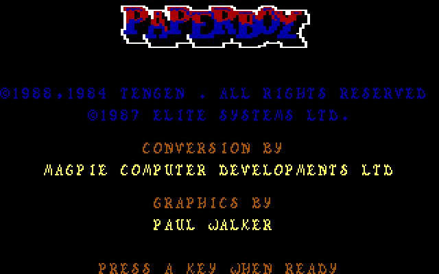 Paperboy IBM PC/Compatibles Screenshot: Title screen.
