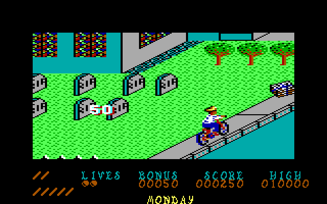 Paperboy IBM PC/Compatibles Screenshot: Earn points for hitting grave stones.