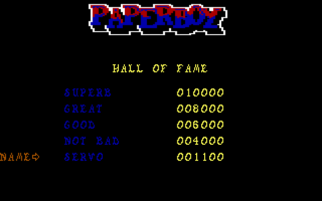 Paperboy IBM PC/Compatibles Screenshot: Hall of fame.