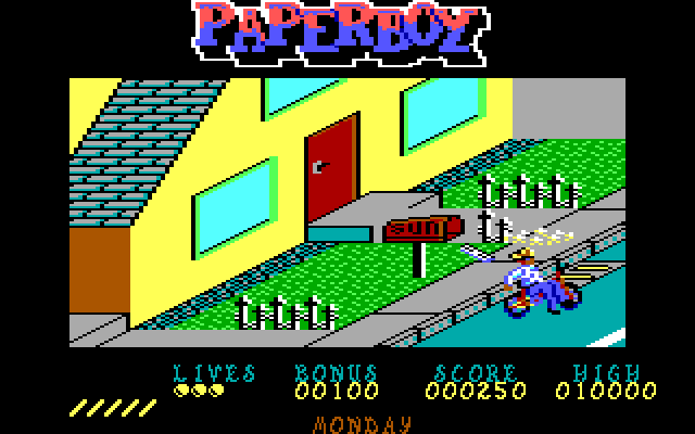 Paperboy IBM PC/Compatibles Screenshot: Crashed into a storm drain.