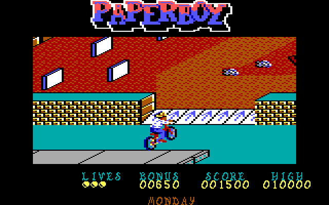Paperboy IBM PC/Compatibles Screenshot: Start of the obstacle course.
