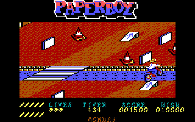 Paperboy IBM PC/Compatibles Screenshot: Oops, I fell in the river...