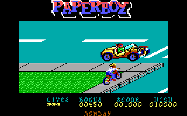 Paperboy IBM PC/Compatibles Screenshot: Don't crash into cars when crossing the street!