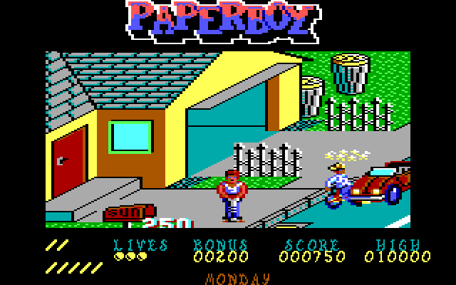 Paperboy IBM PC/Compatibles Screenshot: Crashed into a car.