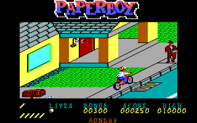 Paperboy IBM PC/Compatibles Screenshot: Don't hit people walking on the sidewalk.