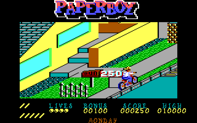 Paperboy IBM PC/Compatibles Screenshot: Deliver papers to your customers.
