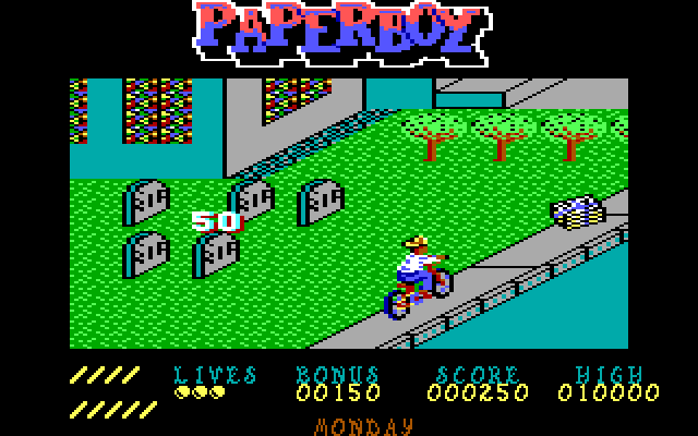 Paperboy IBM PC/Compatibles Screenshot: Earn extra points for hitting grave stones.