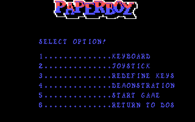 Paperboy IBM PC/Compatibles Screenshot: Game options.
