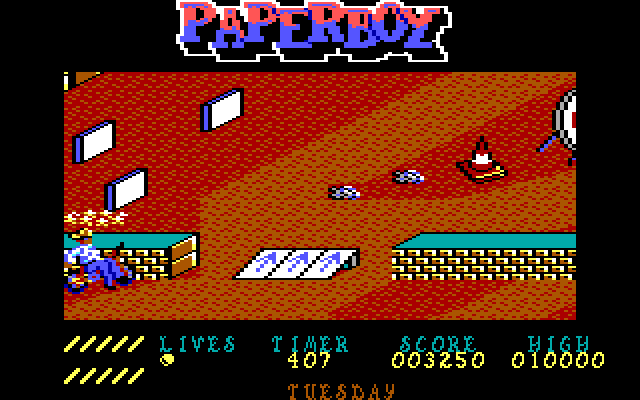 Paperboy IBM PC/Compatibles Screenshot: Crash into a brick wall...