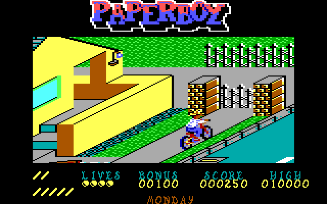 Paperboy IBM PC/Compatibles Screenshot: Don't crash into this fence!