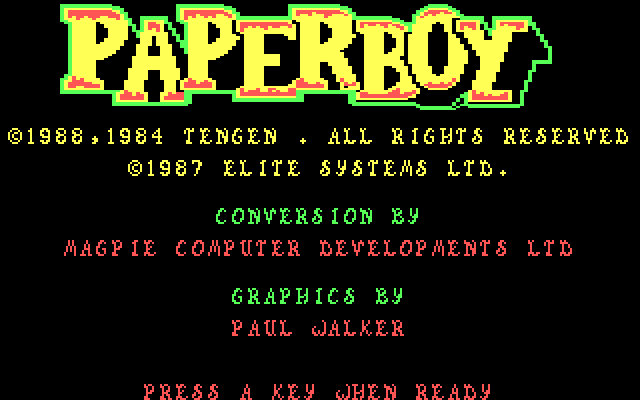 Paperboy IBM PC/Compatibles Screenshot: Title screen.