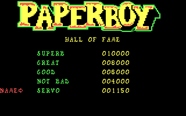 Paperboy IBM PC/Compatibles Screenshot: Hall of fame.