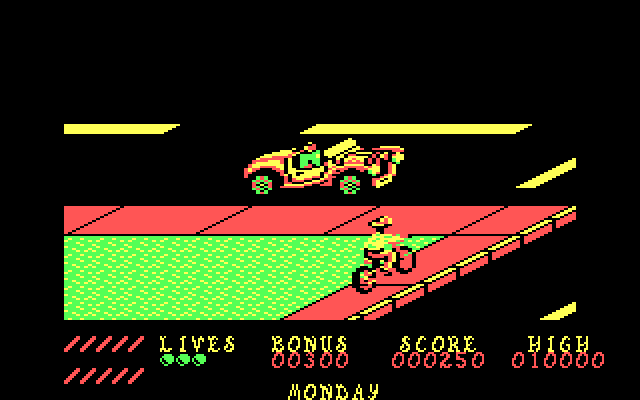 Paperboy IBM PC/Compatibles Screenshot: Don't crash into cars when crossing the street.