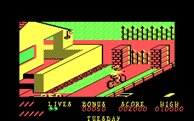 Paperboy IBM PC/Compatibles Screenshot: A gate blocks the sidewalk...