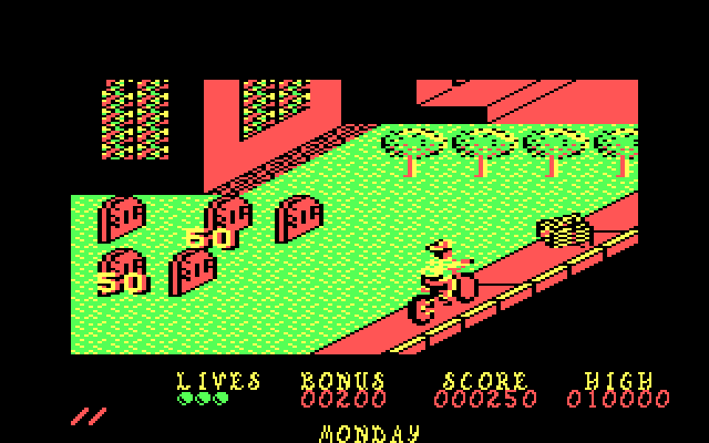 Paperboy IBM PC/Compatibles Screenshot: Earn bonus points for knocking over grave stones.