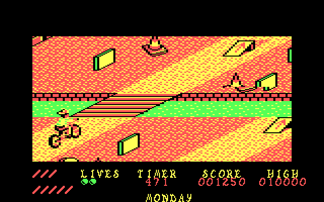 Paperboy IBM PC/Compatibles Screenshot: Don't fall into the river!