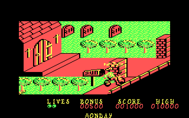 Paperboy IBM PC/Compatibles Screenshot: Crashed into a brick wall.