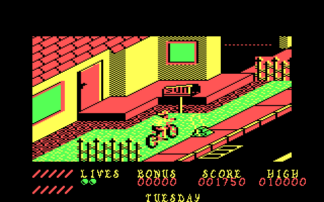 Paperboy IBM PC/Compatibles Screenshot: Don't run into the many obstacles!