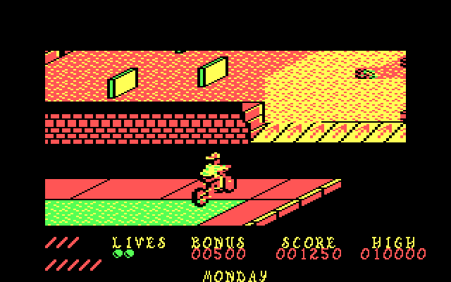 Paperboy IBM PC/Compatibles Screenshot: Obstacle course start.