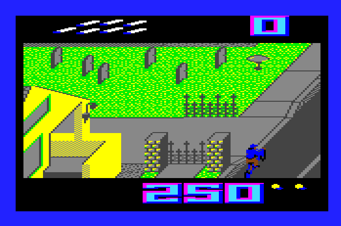 Paperboy Apple IIgs Screenshot: Hit the grave stones for bonus points.