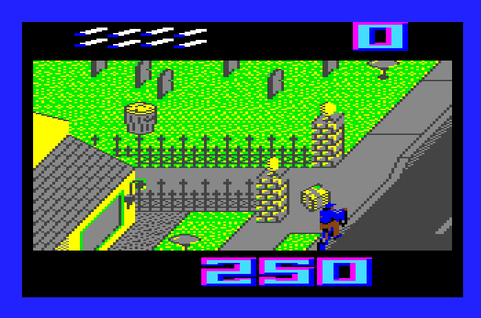 Paperboy Apple IIgs Screenshot: Pick up the bundle of papers to replenish your supply...