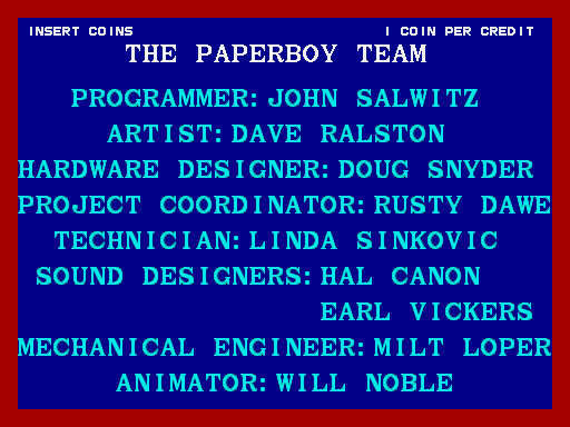 Paperboy Arcade Screenshot: Attract mode; game credits.