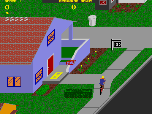 Paperboy Arcade Screenshot: Here's another customer, try to throw a paper in the mailbox.